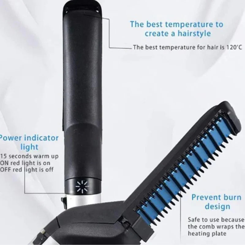 Hair & Beard Straightener Comb for Men – Quick Heat Electric Styling Brush