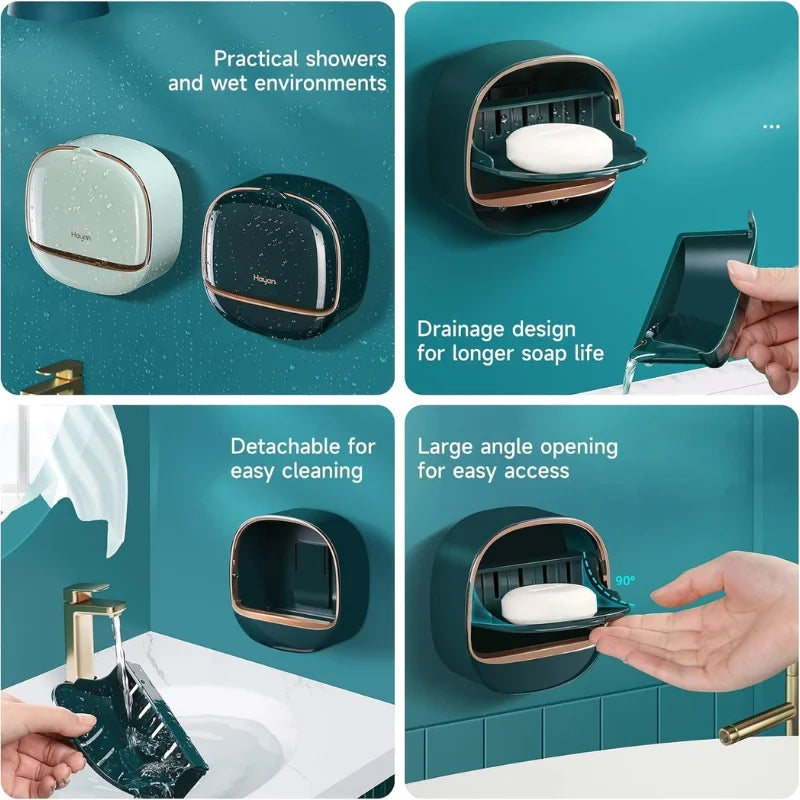 Wall Mounted Soap Holder with Lid – Self Adhesive Drain Tray